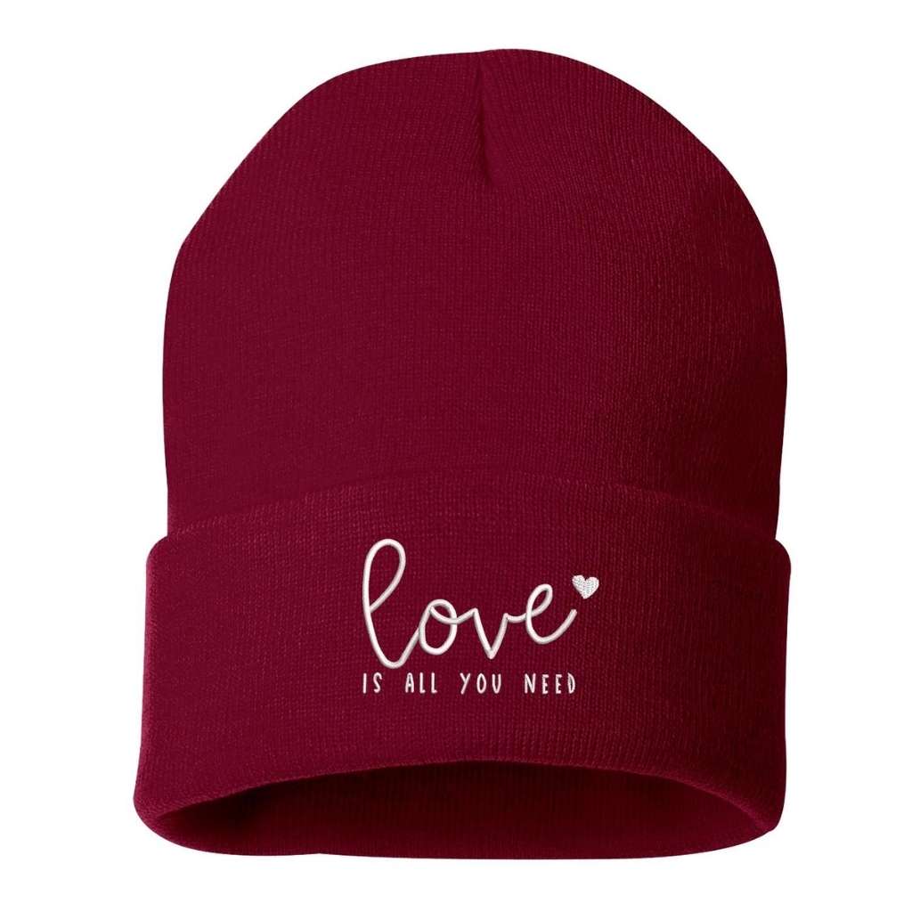 Burgundy cuffed beanie with Love Is All You Need embroidered in white - DSY Lifestyle
