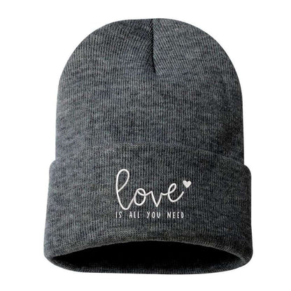 Charcoal Heather cuffed beanie with Love Is All You Need embroidered in white - DSY Lifestyle