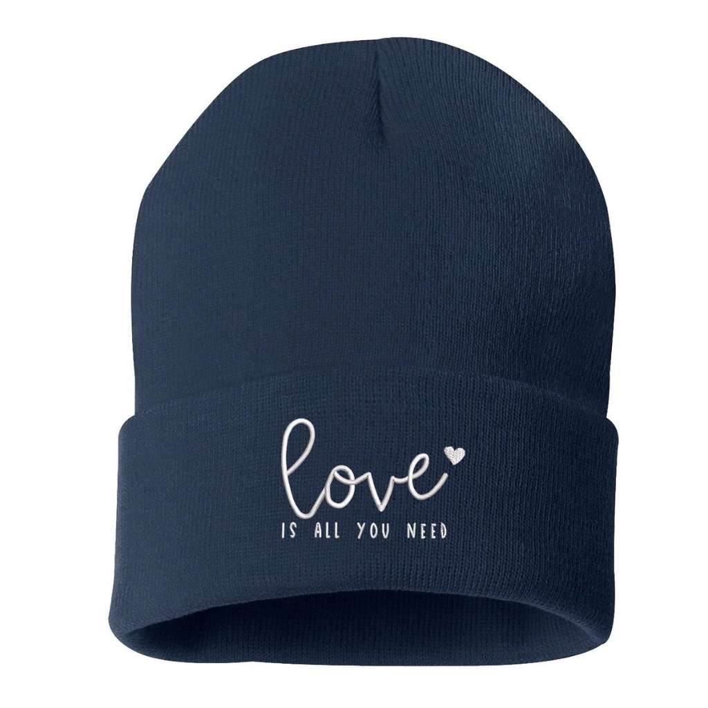 Navy blue cuffed beanie with Love Is All You Need embroidered in white - DSY Lifestyle