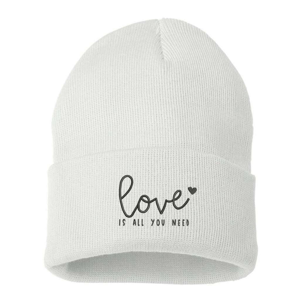 White cuffed beanie with Love Is All You Need embroidered in black - DSY Lifestyle
