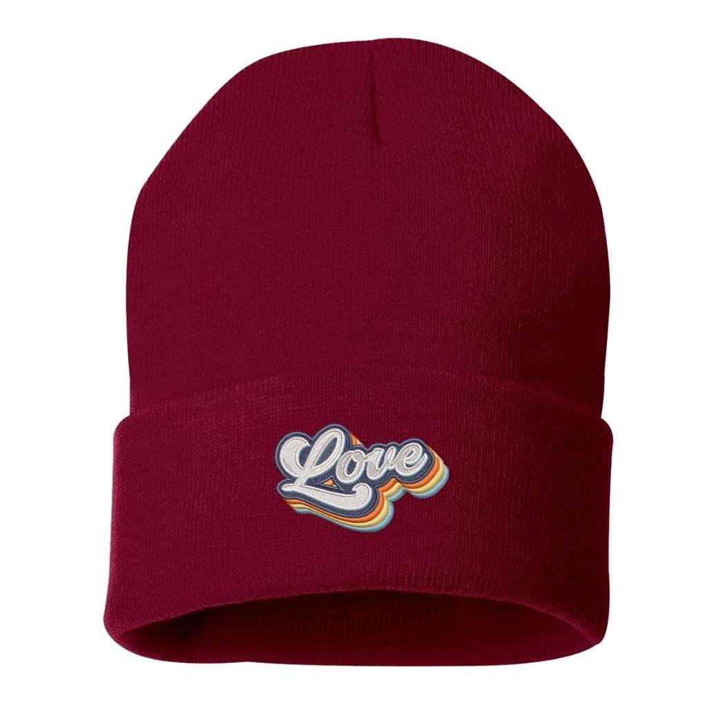 Burgundy cuffed beanie with Love embroidered in a retro font - DSY Lifestyle