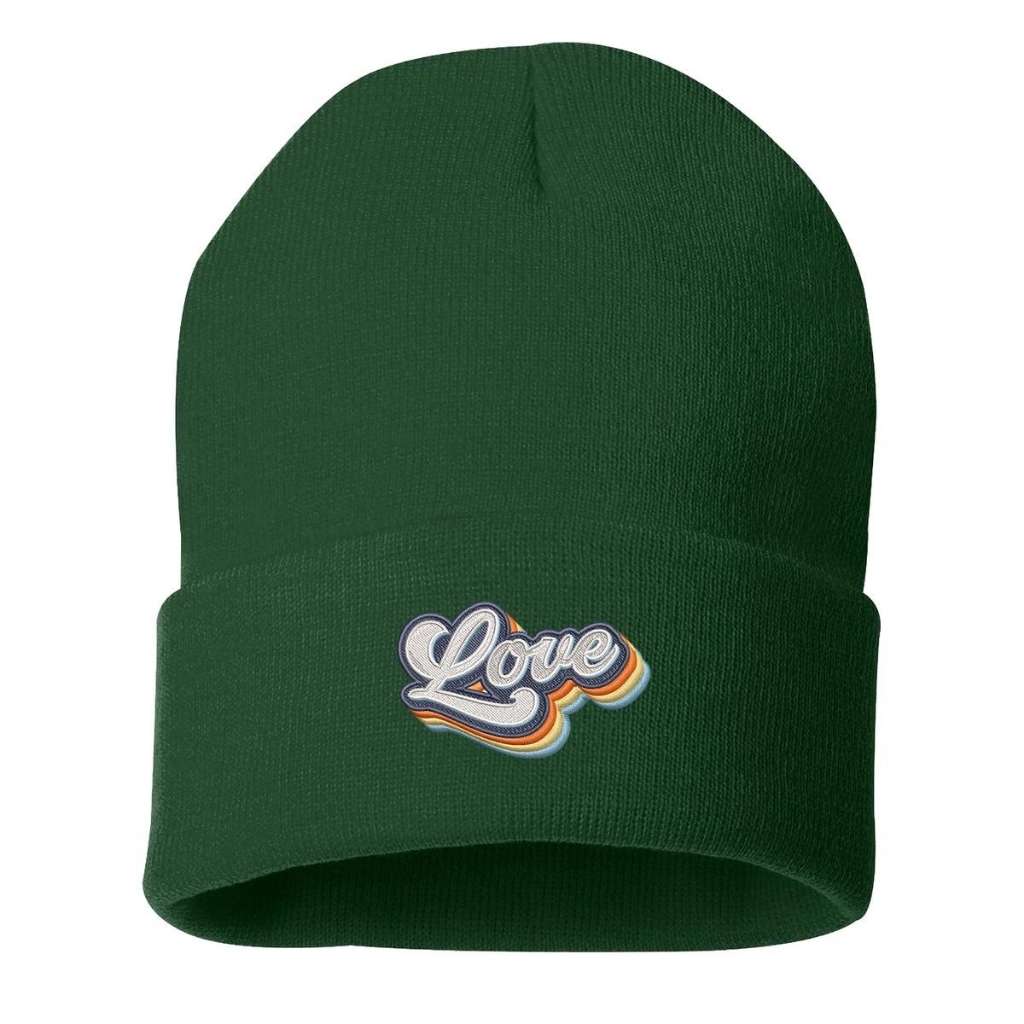 Forest green cuffed beanie with Love embroidered in a retro font - DSY Lifestyle