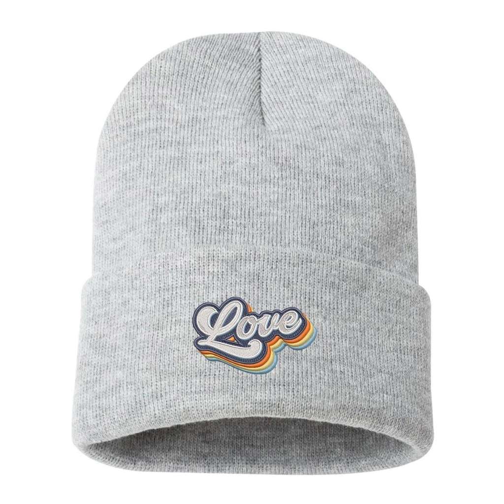 Light heather cuffed beanie with Love embroidered in a retro font - DSY Lifestyle