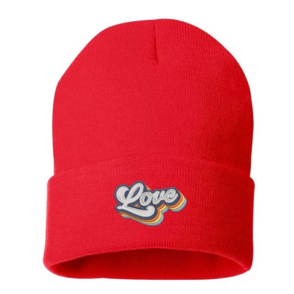 Red cuffed beanie with Love embroidered in a retro font - DSY Lifestyle
