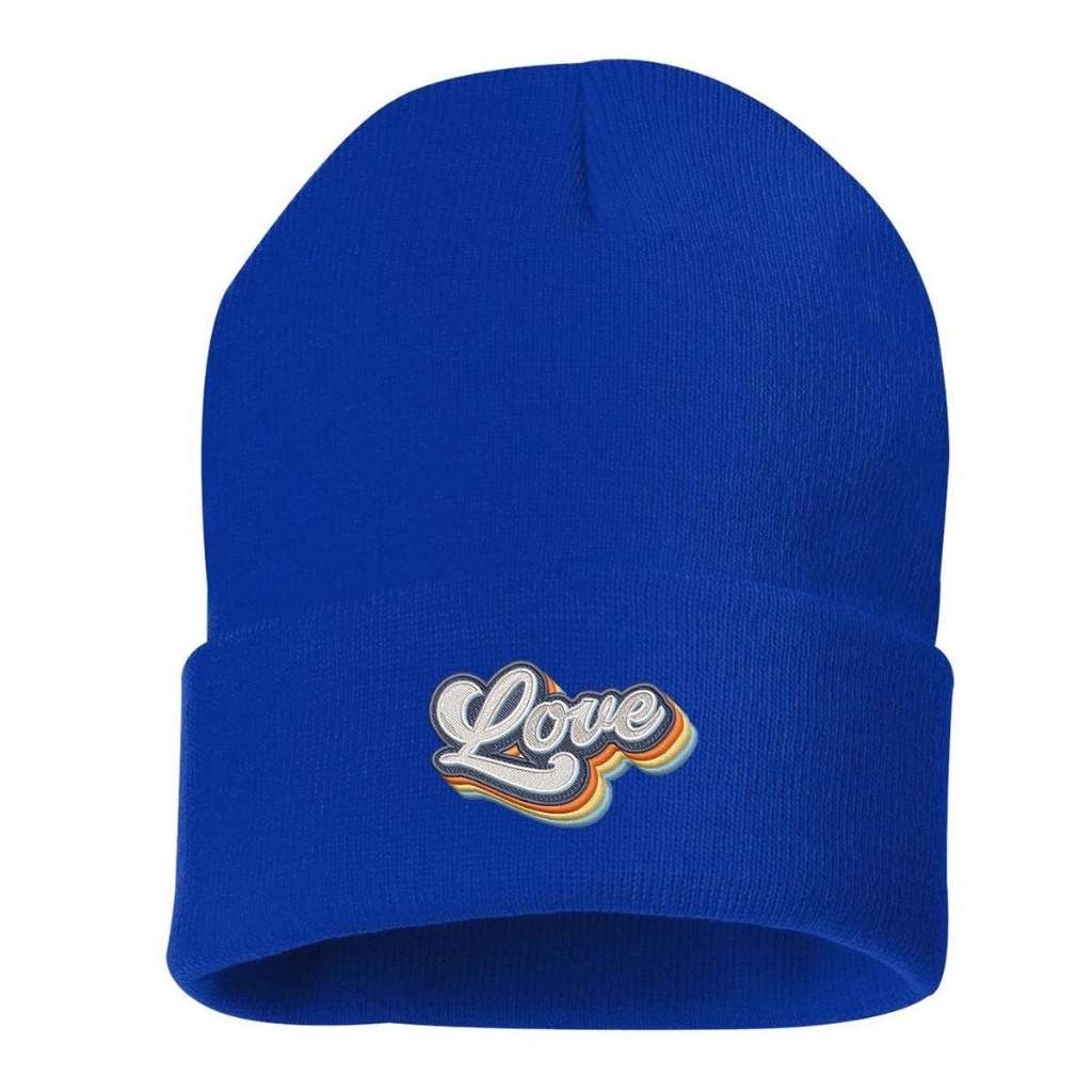 Royal blue cuffed beanie with Love embroidered in a retro font - DSY Lifestyle