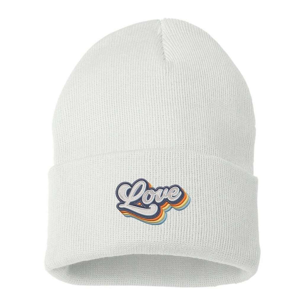 White cuffed beanie with Love embroidered in a retro font - DSY Lifestyle