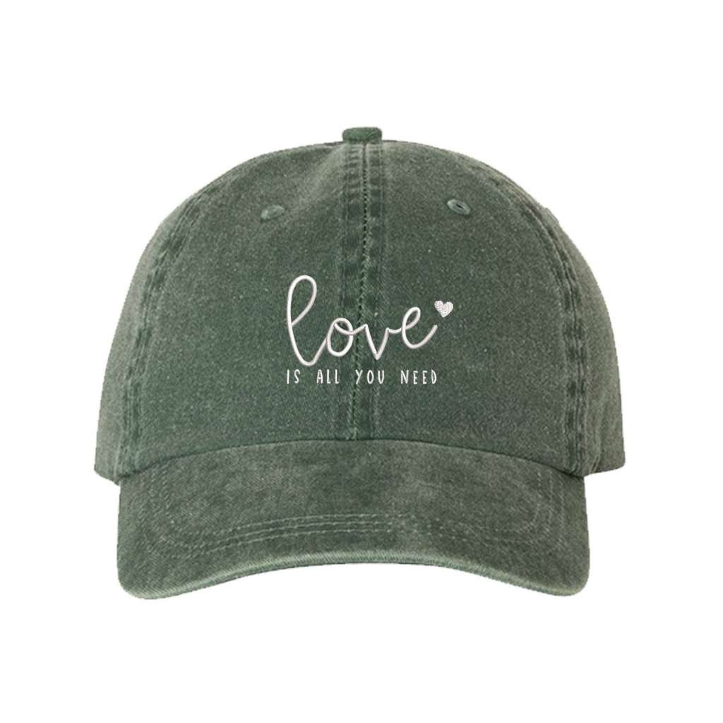Olive washed hat with love is all you need embroidered in white- DSY Lifestyle