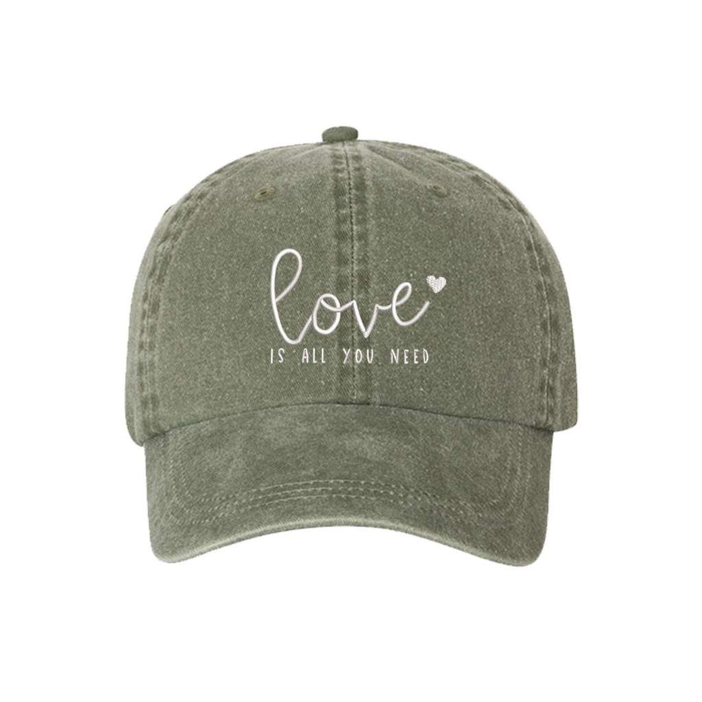 Olive washed hat with love is all you need embroidered in white- DSY Lifestyle