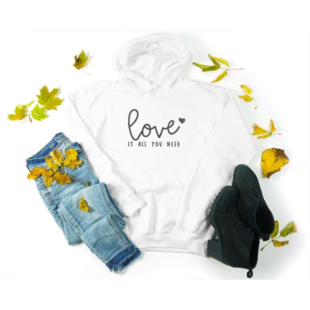 White hoodie embroidered with Love is all you need in black- DSY Lifestyle