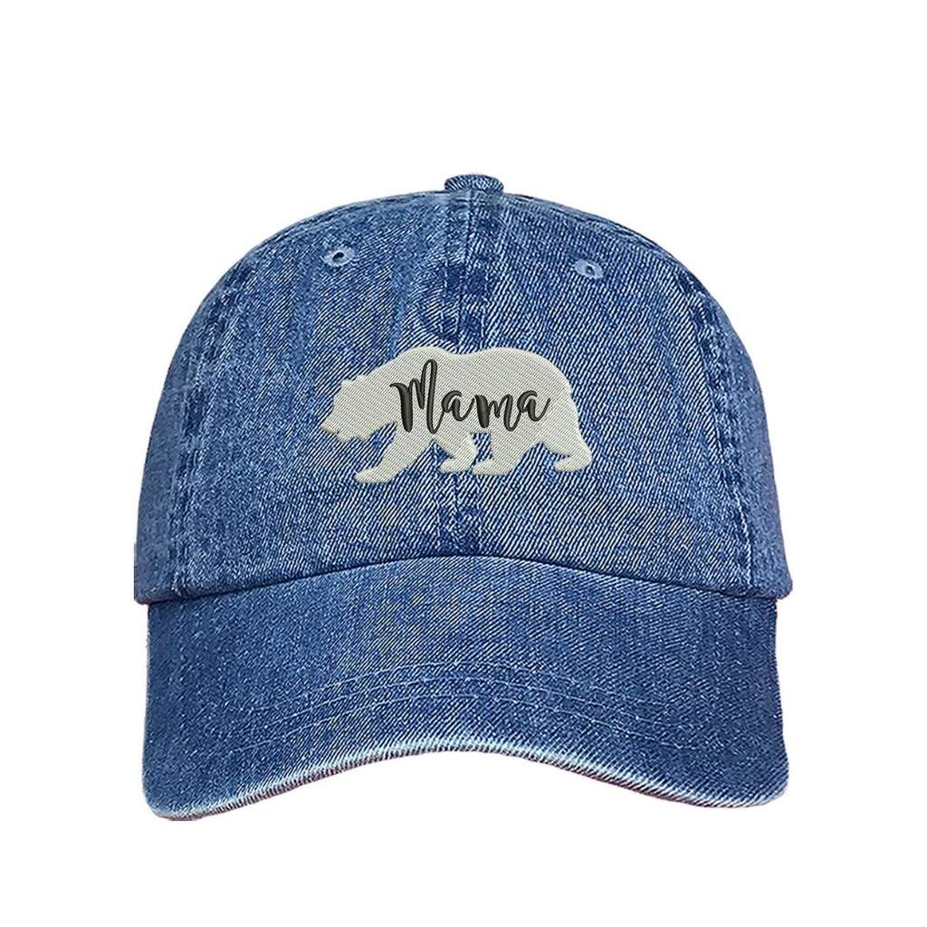 Light denim  baseball hat with white bear outline and Mama embroidered in black - DSY Lifestyle