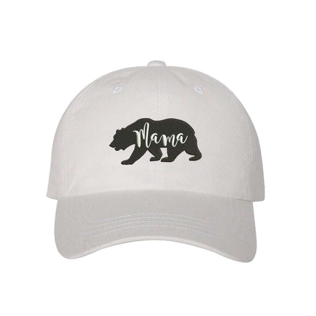 White  baseball hat with black bear outline and Mama embroidered in white - DSY Lifestyle