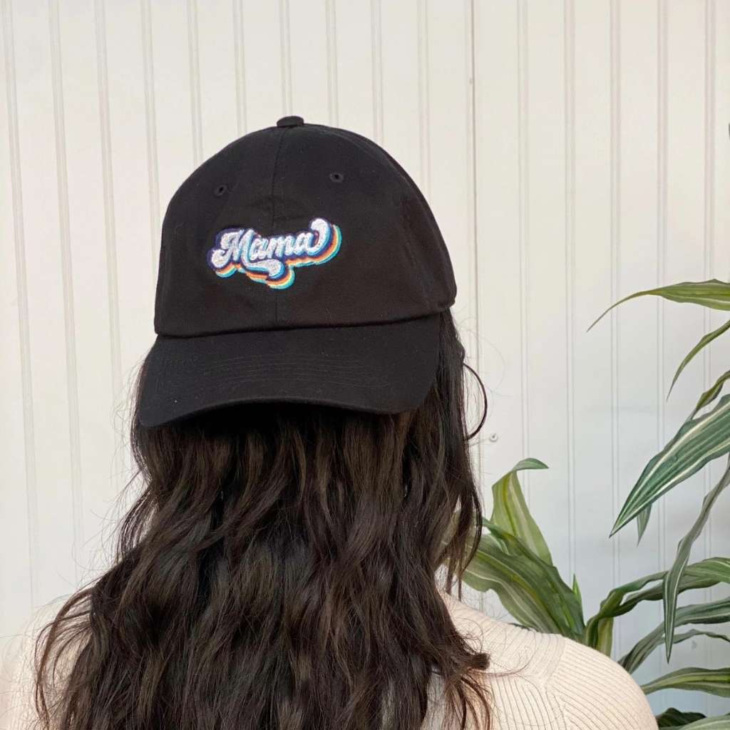 Model wearing baseball hat with Mama embroidered in a retro font - DSY Lifestyle 