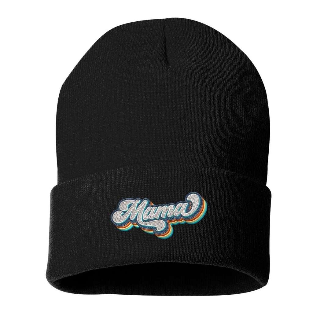 Black cuffed beanie with Mama embroidered in a retro font - DSY Lifestyle