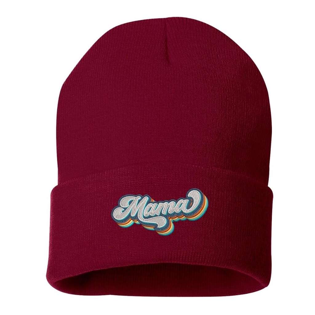 Burgundy cuffed beanie with Mama embroidered in a retro font - DSY Lifestyle