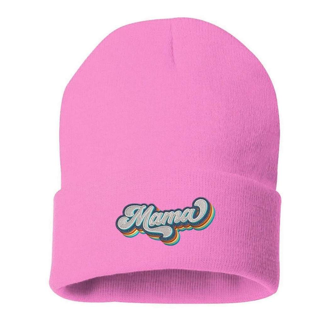 Light pink cuffed beanie with Mama embroidered in a retro font - DSY Lifestyle