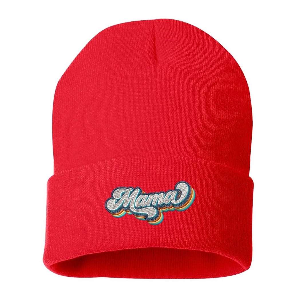 Red cuffed beanie with Mama embroidered in a retro font - DSY Lifestyle