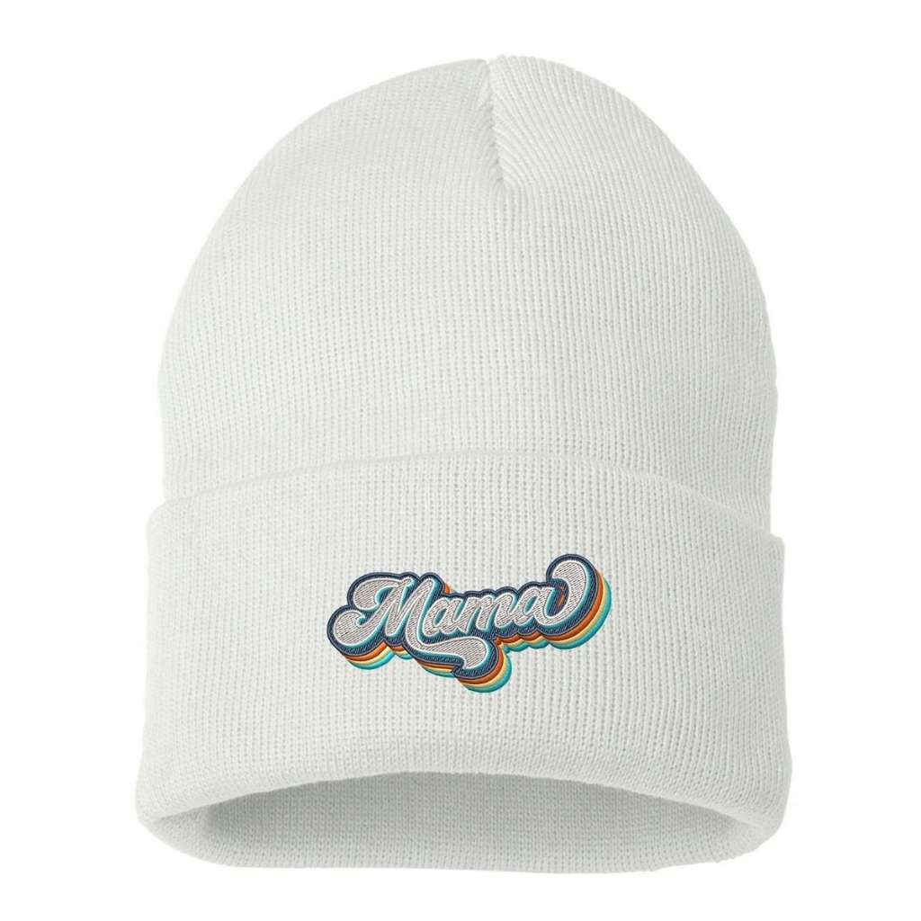 White cuffed beanie with Mama embroidered in a retro font - DSY Lifestyle