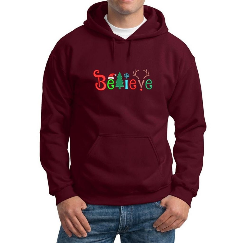 Maroon Hoodie embroidered with believe in Christmas Colors- DSY Lifestyle