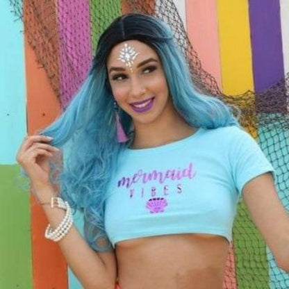 Female wearing cancun (light blue) with mermaid vibes printed on the front with metallic purple vinyl - DSY Lifestyle