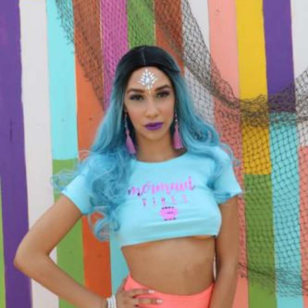 Female wearing cancun (light blue) with mermaid vibes printed on the front with metallic purple vinyl - DSY Lifestyle