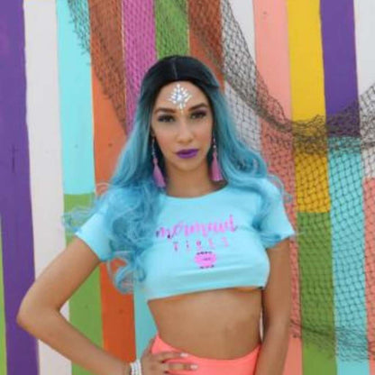 Female wearing cancun (light blue) with mermaid vibes printed on the front with metallic purple vinyl - DSY Lifestyle