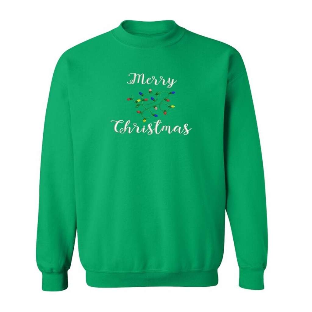 Flat lay of a kelly green sweatshirt with Merry Christmas embroidered in the front - DSY Lifestyle
