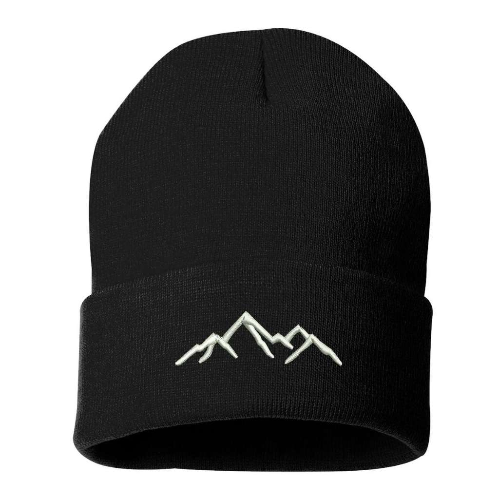 Black cuffed beanie embroidered with a mountain outline in white - DSY Lifestyle