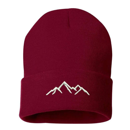 Burgundy cuffed beanie embroidered with a mountain outline in white - DSY Lifestyle