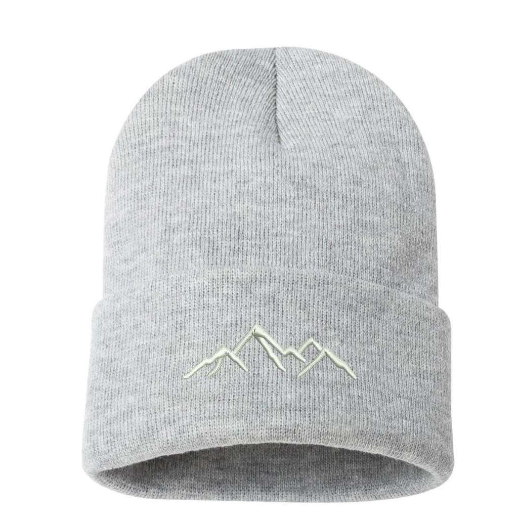 Light heather grey cuffed beanie embroidered with a mountain outline in white - DSY Lifestyle