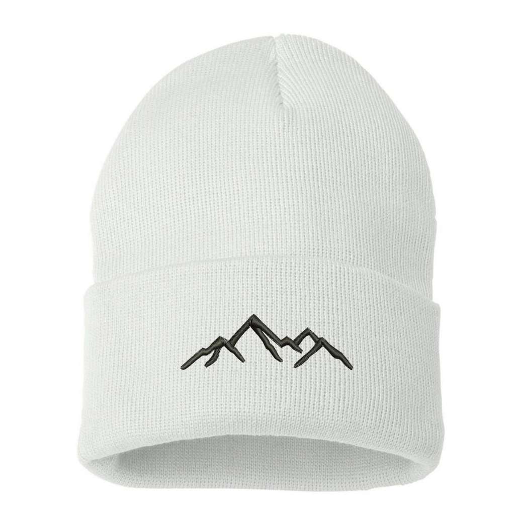 White cuffed beanie embroidered with a mountain outline in black - DSY Lifestyle