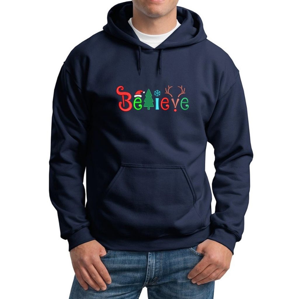 Navy Hoodie Sweatshirt embroidered with believe in Christmas Colors- DSY Lifestyle