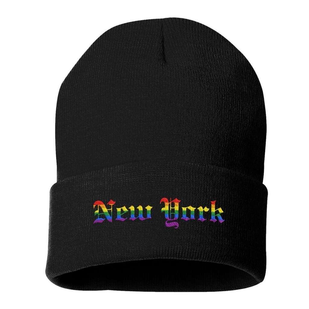 Black cuffed beanie with New York embroidered in rainbow colors - DSY Lifestyle