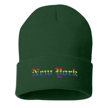Forest green cuffed beanie with New York embroidered in rainbow colors - DSY Lifestyle