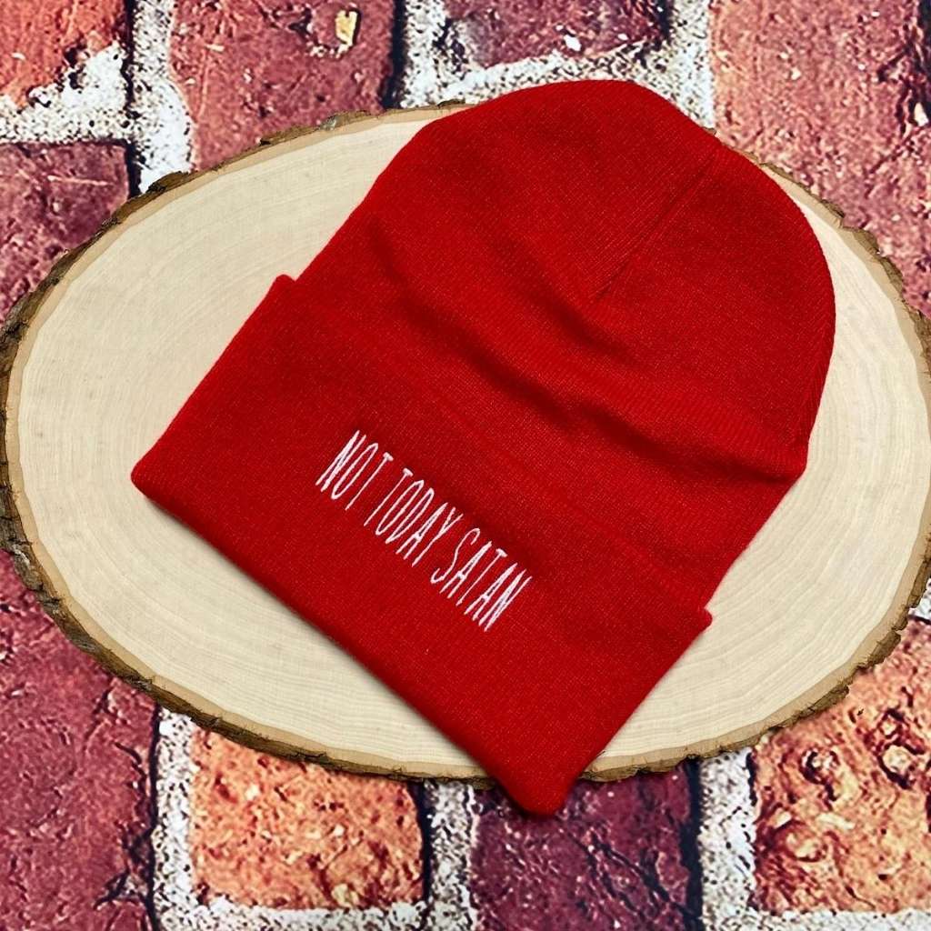 Red cuffed beanie embroidered with NOT TODAY SATAN in white - DSY Lifestyle