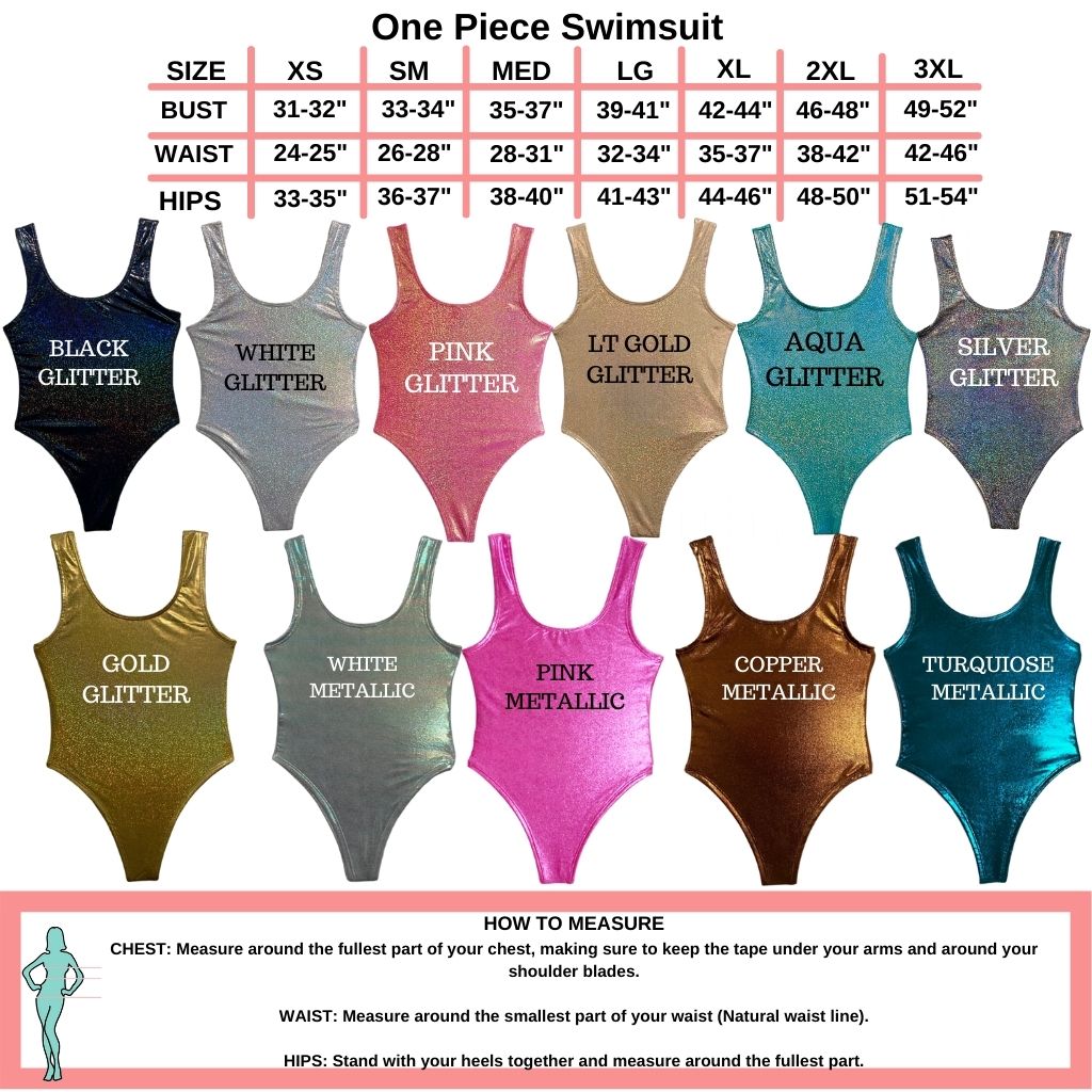 One Piece Swimsuit Size and color chart offered in black glitter white glitter pink glitter light gold glitter aqua glitter silver glitter gold glitter white metallic pink metallic copper metallic and turquoise metallic - DSY Lifestyle
