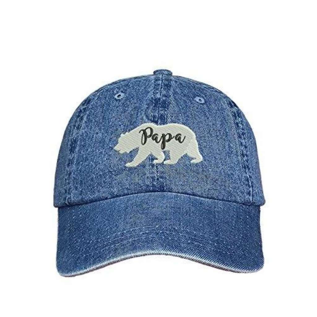 Light denim baseball hat with a bear outline and papa embroidered in black - DSY Lifestyle