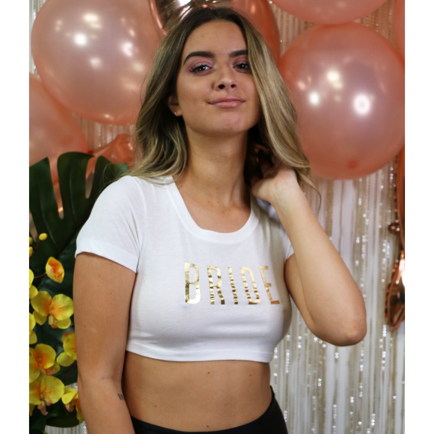 Bride Crop top, Underboob, Crop top, T-Shirt, White shirt, Bride t-shirt, Printed Shirt, Scoop Neck Crop Tee, Gold Printing, Party Shirt, DSY Lifestyle Bride, Made in LA