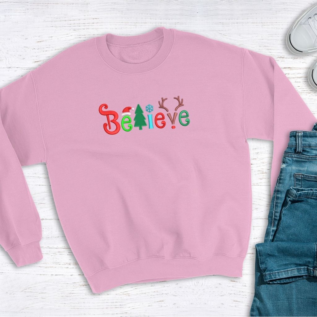 Pink Sweatshirt embroidered with believe in Christmas Colors- DSY Lifestyle