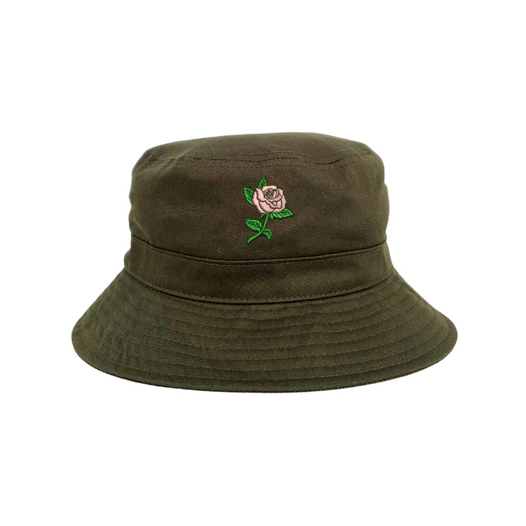 Embroidered pink rose on olive bucket hat - DSY Lifestyle