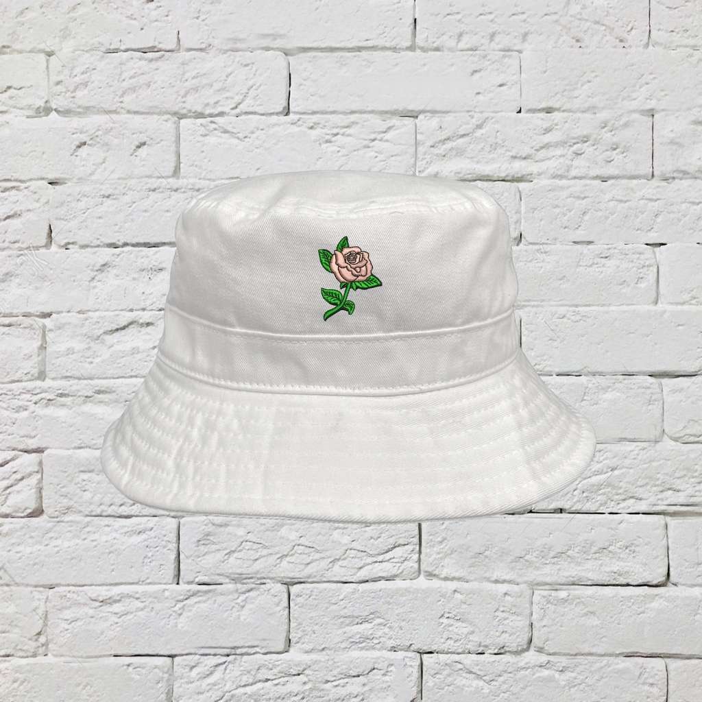 Embroidered pink rose on white bucket hat - DSY Lifestyle