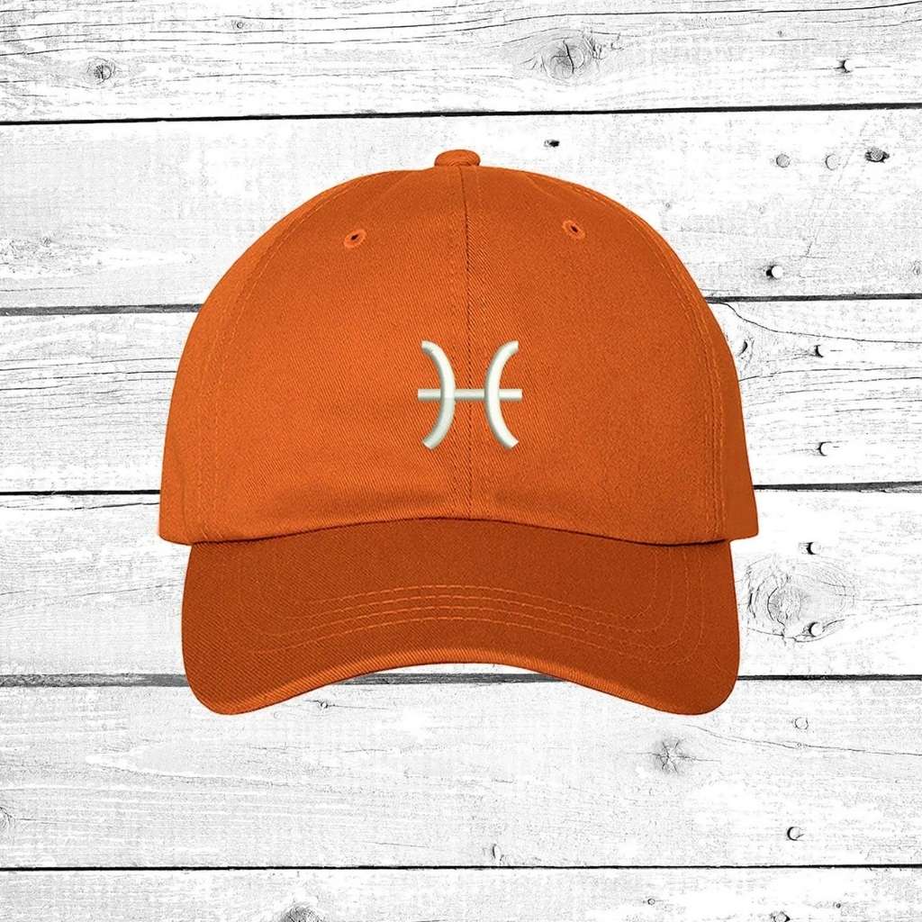 Burnt orange baseball cap with Pisces zodiac symbol embroidered in white - DSY Lifestyle