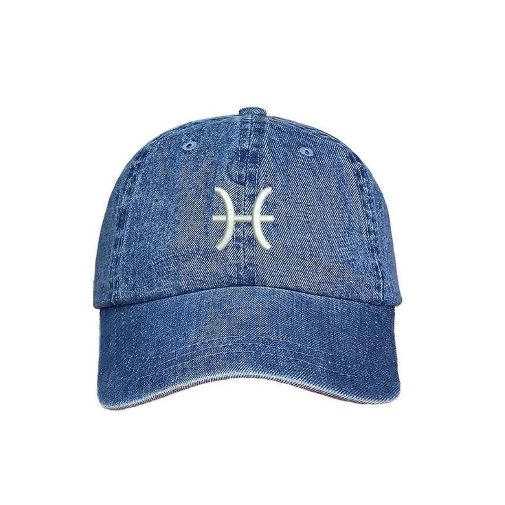 Light denim baseball cap with Pisces zodiac symbol embroidered in white - DSY Lifestyle