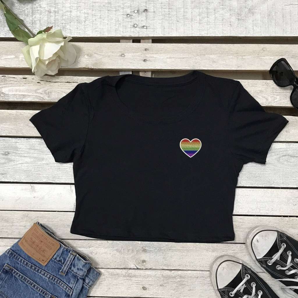 Pride Heart Cropped Tee, Embroidered Cropped T-Shirt, LGBTQ Crop Top Tee, Cropped Tee, Pride T-shirt, Black Crop Top, DSY Lifestyle Crop Tees, Made in LA