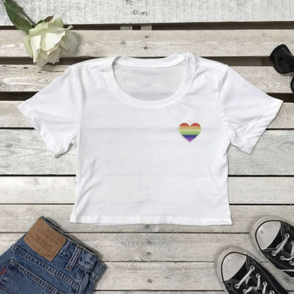 Pride Heart Cropped Tee, Embroidered Cropped T-Shirt, LGBTQ Crop Top Tee, Cropped Tee, Pride T-shirt, White Top, DSY Lifestyle Crop Tees, Made in LA