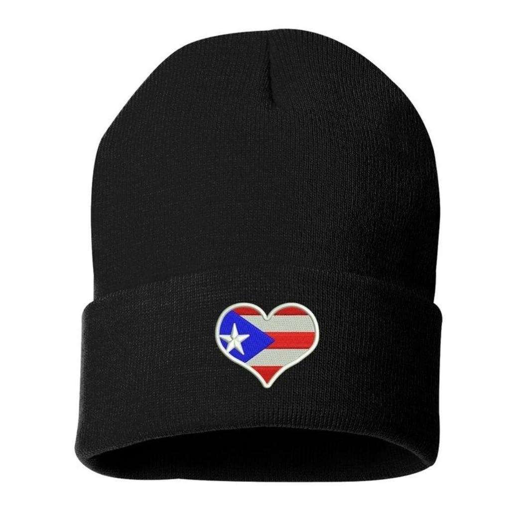Black cuffed  beanie embroidered with Puerto Rico flag heart - DSY Lifestyle