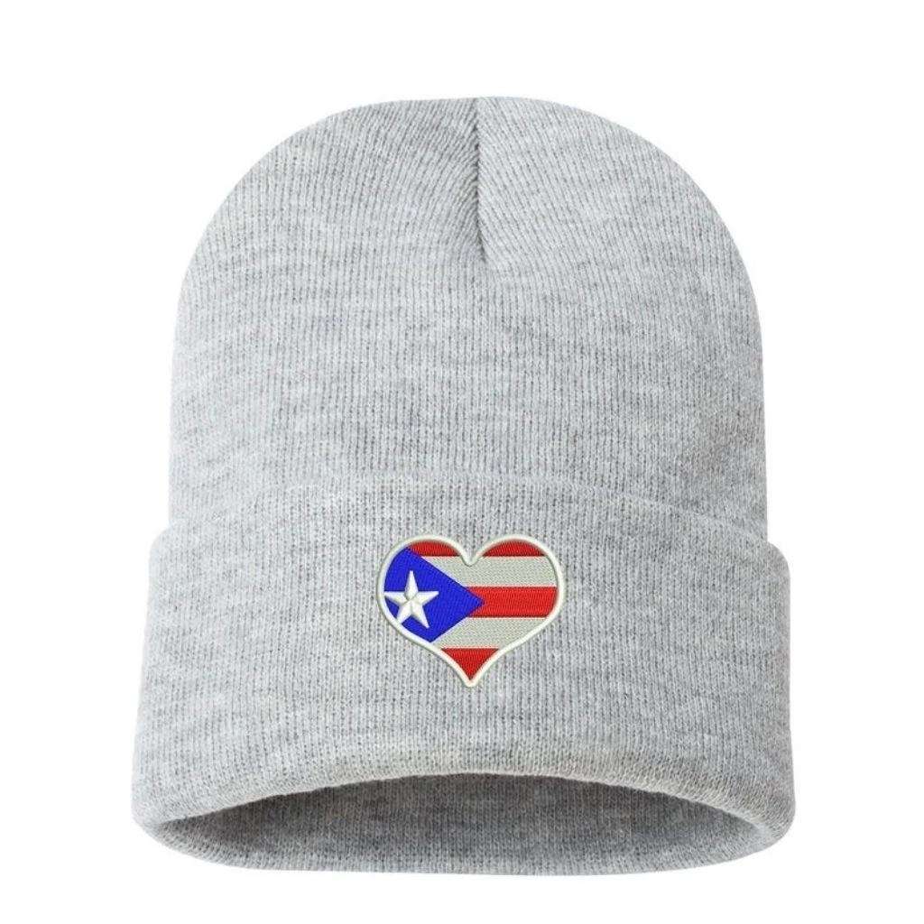 Light heather grey  cuffed  beanie embroidered with Puerto Rico flag heart - DSY Lifestyle