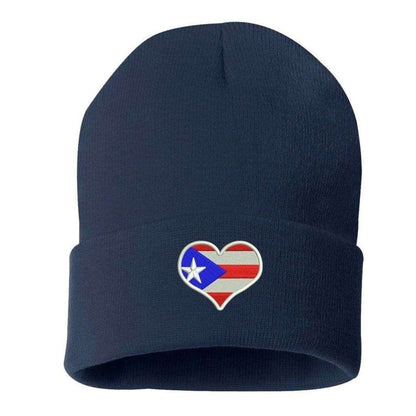 Navy blue  cuffed beanie embroidered with Puerto Rico flag heart - DSY Lifestyle