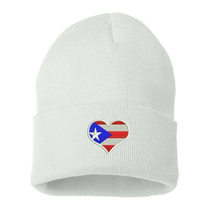 White cuffed beanie embroidered with Puerto Rico flag heart - DSY Lifestyle