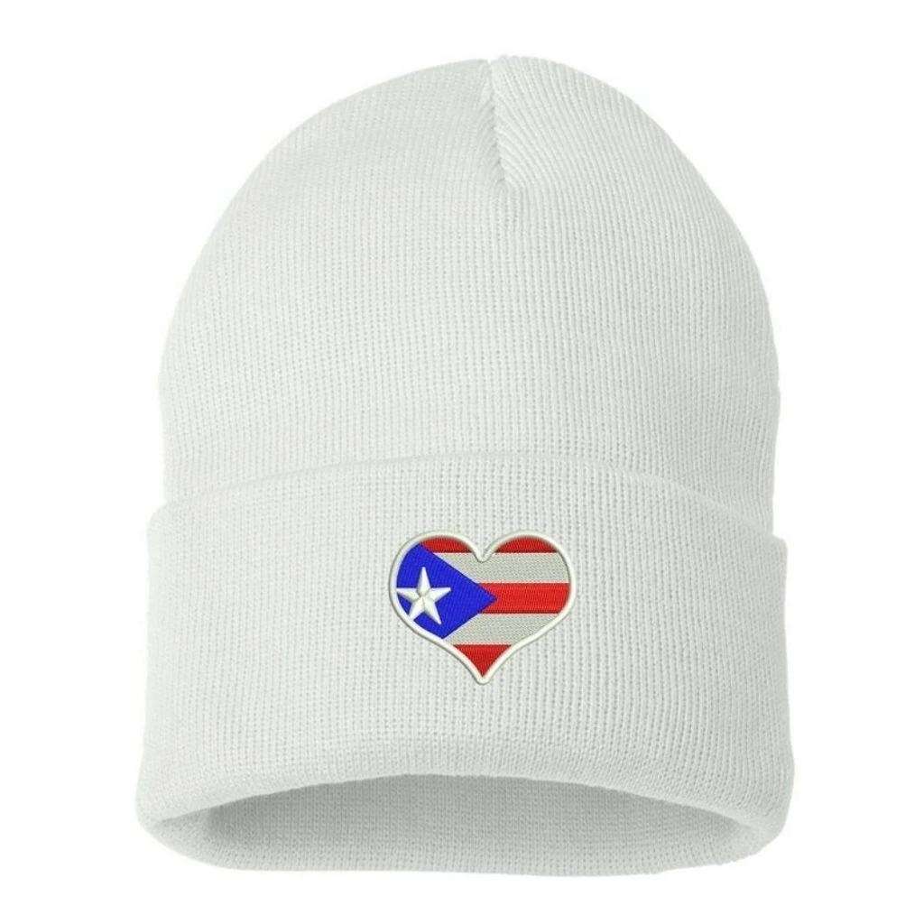 White cuffed beanie embroidered with Puerto Rico flag heart - DSY Lifestyle