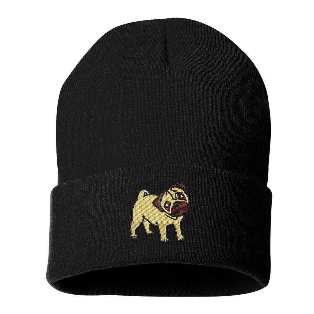 Black cuffed beanie with Pug embroidered on the front - DSY Lifestyle